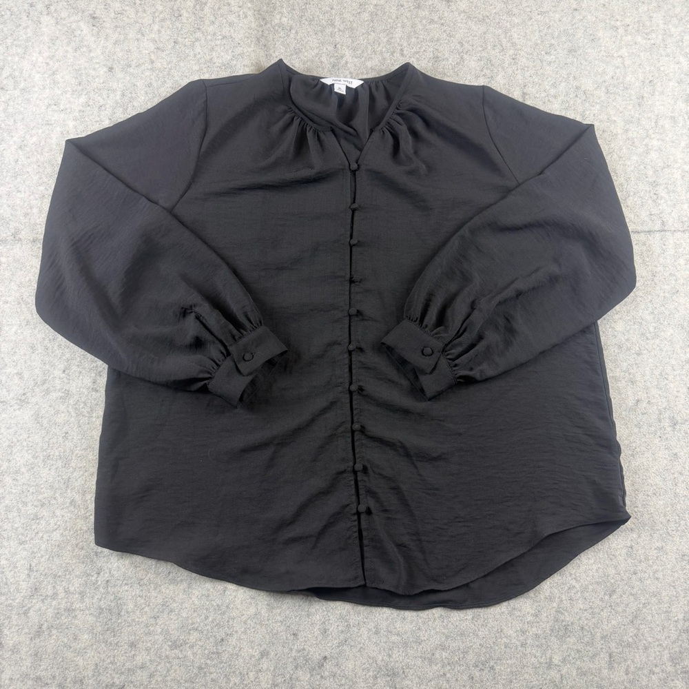 Nine West Top Womens XL Black Lightweight Polyester Buton Up Long Sleeve